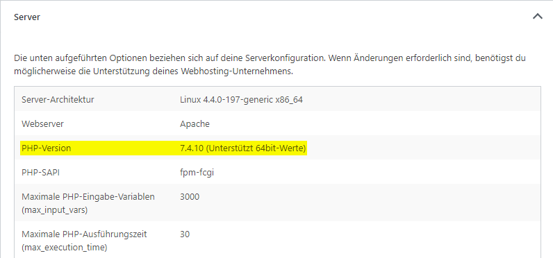 Ein Screenshot aus dem Website-Zustand. Farblich hervorgehoben ist der Bereich PHP-Version, der die Version 7.4.10 anzeigt.