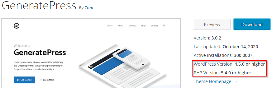 Screenshot der Detailseite des Themes GeneratePress. Hervorgehoben sind die unterstützte WordPress-Version (4.5 oder höher) sowie die unterstützte PHP-Version (5.4 oder höher).