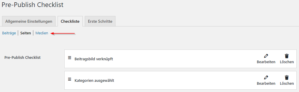 Ein Screenshot vom Plugin Pre-Publish Checklist. Ein Pfeil zeigt auf verschiedene Beitragstypen, die man unterhalb der Tab-Navigation auswählen kann, um verschiedene Checklisten anzulegen.