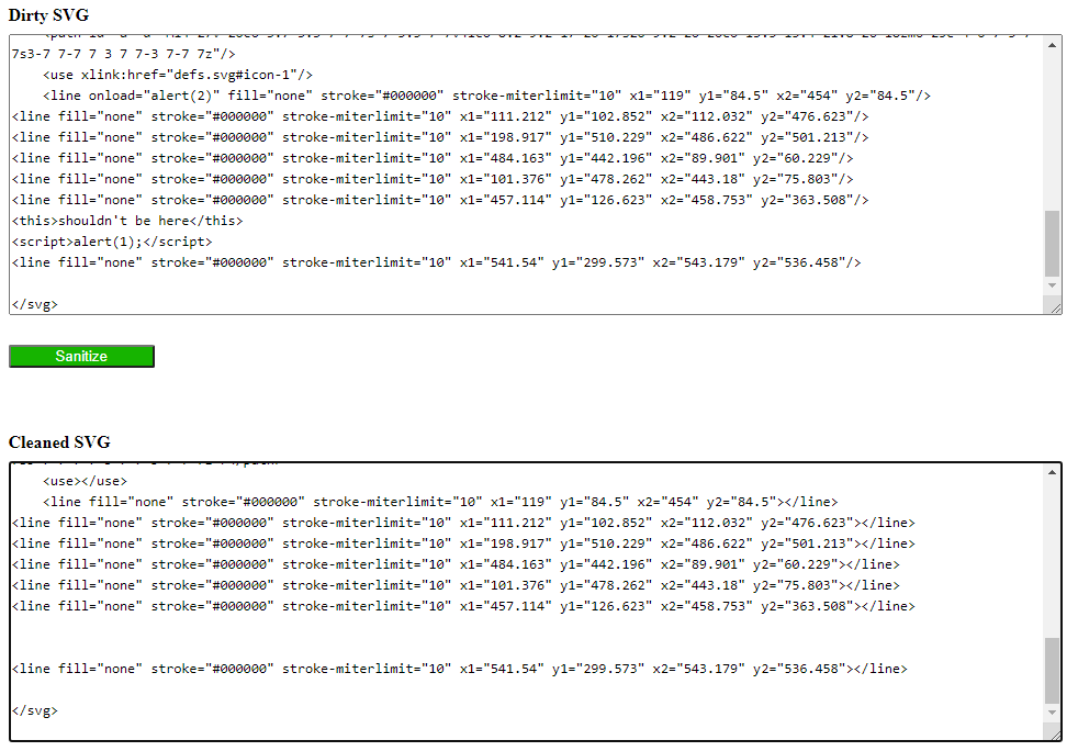 Screenshot der Webseite vom SVG Optimizer. Oben das Eingabefeld für den Ursprungs-Quellcode, dann der grüne Sanitize-Button, unten der bereinigte SVG-Code.