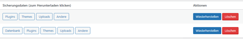 Ein Screenshot von zwei Sicherungssätzen. Bei beiden Sätzen können Plugins, Themes, Uploads und andere Daten wiederhergestellt werden, doch nur bei einer Sicherung kann auch die Datenbank wiederhergestellt werden.