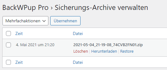 Ein Screenshot der Sicherungs-Archive bei BackWPup