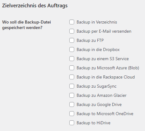 Die Sicherungsziele von BackWPup. Unter Anderem zu Dropbox, FTP, SFTP, Google Drive, Microsoft OneDrive oder HiDrive.