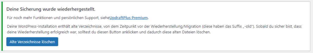 Screenshot einer Meldung, dass man temporäre Dateien der Wiederherstellung löschen soll.