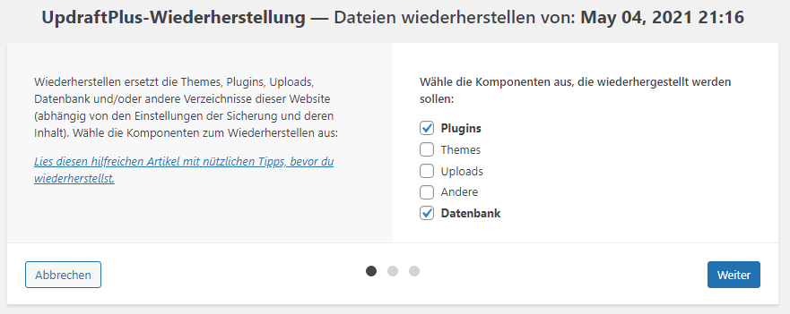 Ein Screenshot mit den Optionen zur Wiederherstellung. Es sind Plugins und Datenbank zur Wiederherstellung markiert.