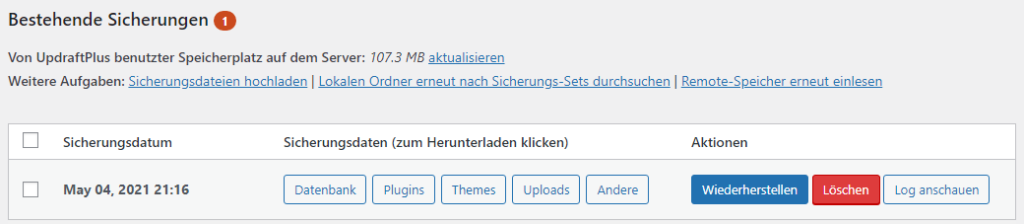 Sreenshot Überblick über alle Sicherungen in UpdraftPlus