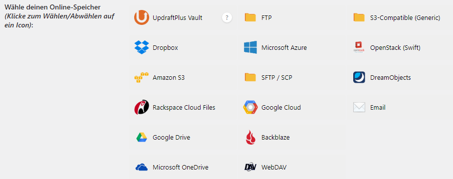 Die Sicherungsziele von UpdraftPlus. Unter Anderem zu Dropbox, FTP, SFTP, Google Drive und Microsoft OneDrive.